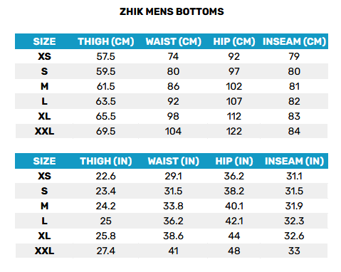 2025 Zhik Mens Bottoms 0 Matentabel